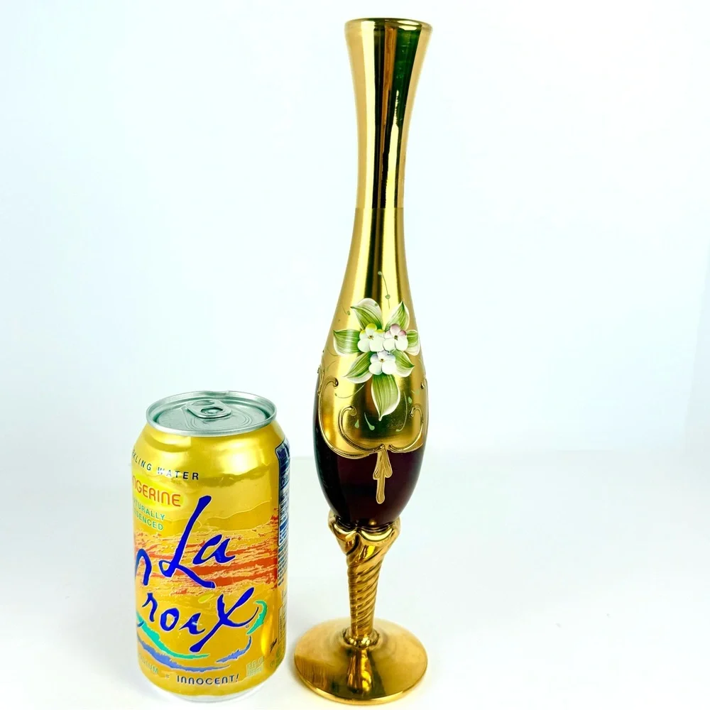 VTG Murano Venetian Ruby Glass & 24K Gold Paint 11โ Hand Painted Floral Bud Vase - Picture 14 of 16